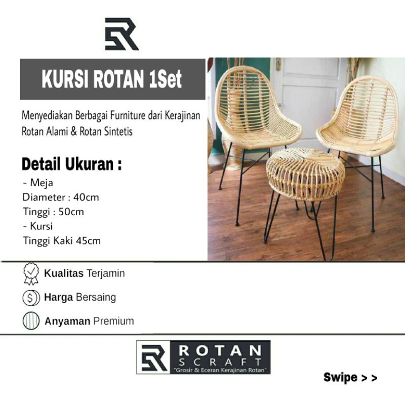 Kursi Rotan Santai Teras Cafe Kursi Rotan Dan Meja Kaki Besi 1 Set