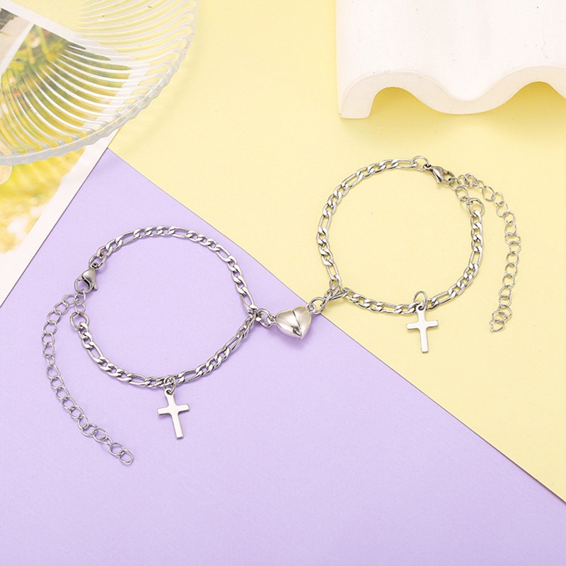 2pcs/set Gelang Salib Pasangan Magnet Rantai Stainless Steel Cinta Hati Magnet Unisex Pria Wanita Aksesoris Fashion