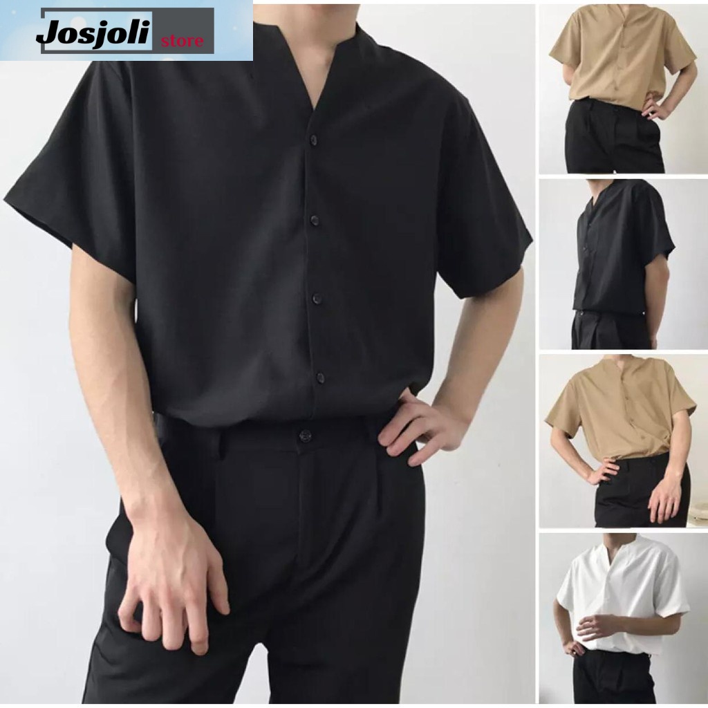 JOSJOLI_STORE/Kemeja V-NEK Tin Lengan Pendek Size M,L,XL,XXL-Fashion Pria Dewasa