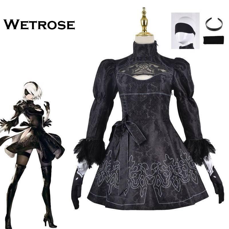 【Wetrose】NieR: Automata Cosplay Wanita 2B Youhar Costume Set Gaun Pertarungan Bordir Hitam