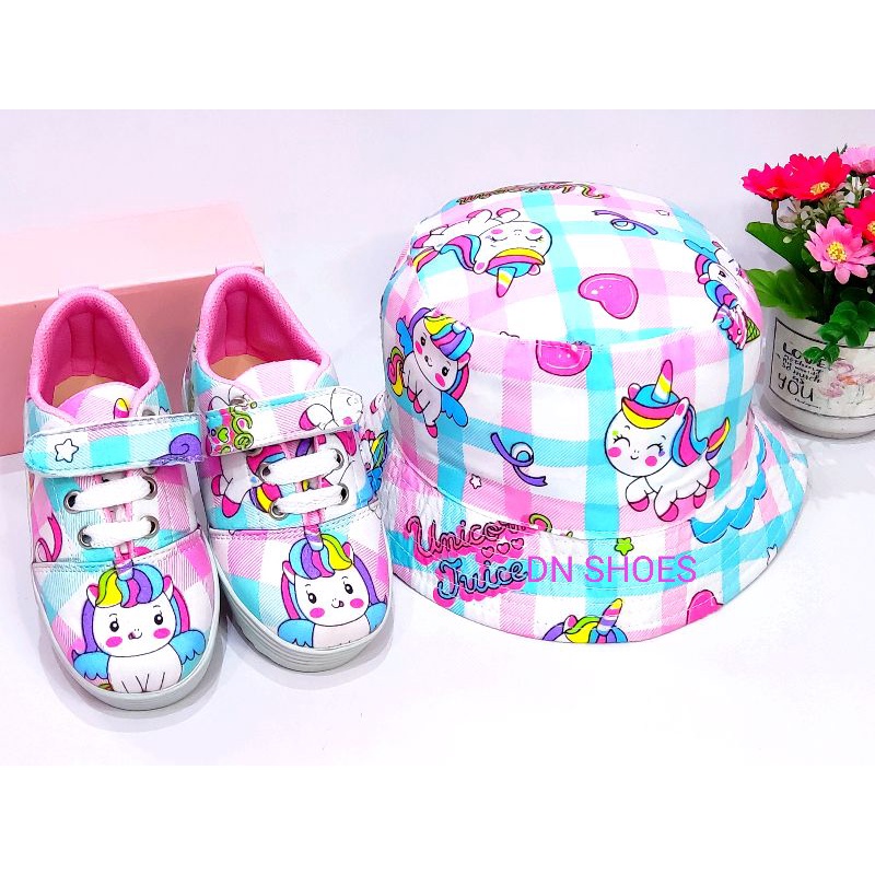 Paket Sneakers Anak Topi Bucket Anak Perempuan Paket Sepatu Tali Anak Topi Bucket Tali Hat Anak Perempuan Lucu Karakter Unicorn Tosca Pink Juice