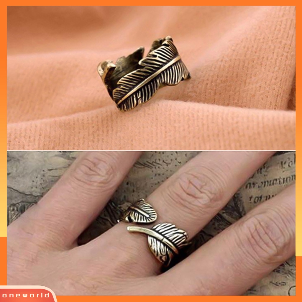 {oneworld} Cincin Terbuka Motif Daun Etsa Bulu Adjustable Bronze Antik Unisex Opening Ring Jewelry Untuk Pesta