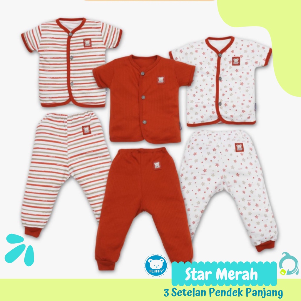 FLUFFY Stelan Pendek | Panjang Bis Motif Star Merah Size S | M | L (3 stel/pack)