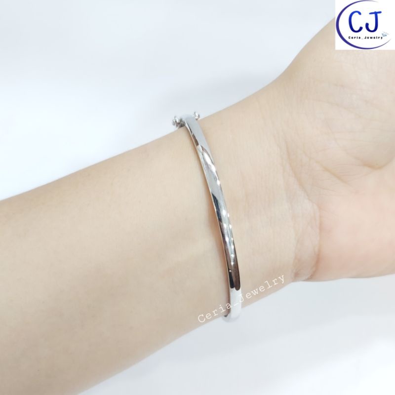 Gelang Bangle Wanita Perak Asli Silver 925 Lapis Emas Putih Model Oval Variasi Gelombang Permata Hitam Kombinasi Putih - Perhiasan Perak Asli