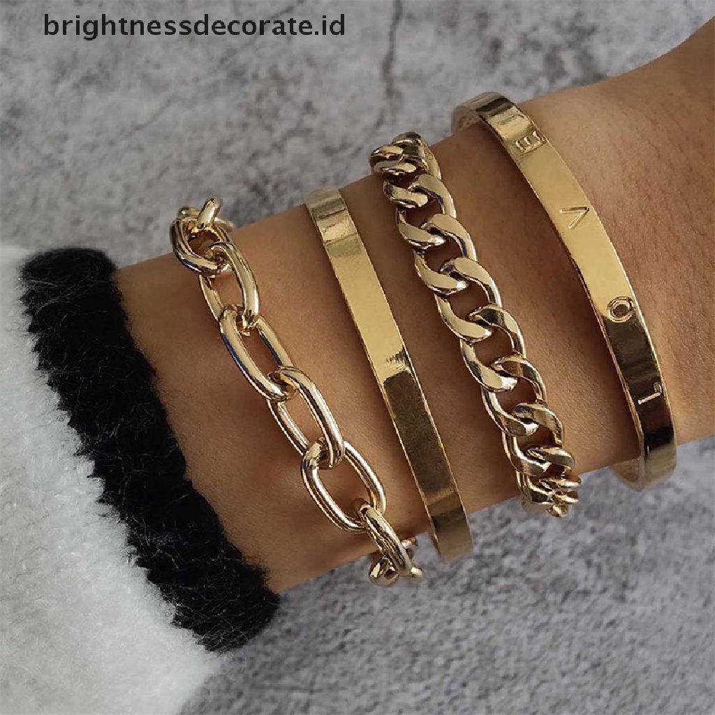 [Birth] 4pcs/set Wanita Fashion Punk Hip Hop Rantai Bangles Gelang Perhiasan Aksesoris [ID]