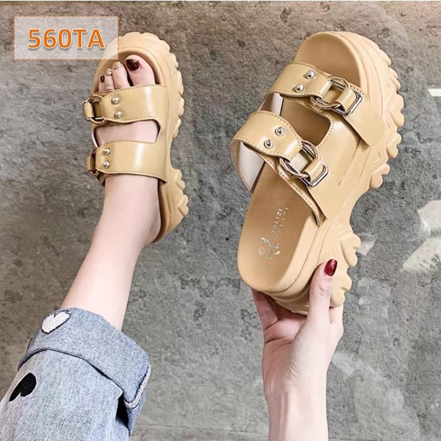 Sandal Wanita Selop Kokop Double Gesper Hitam Hijau Putih Tan (560)