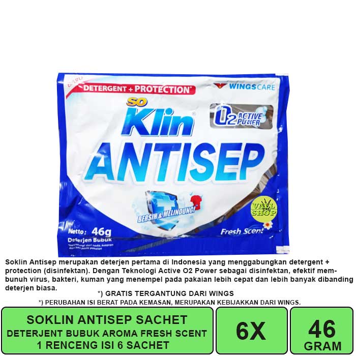 VS. SOKLIN ANTISEP DETERGENT BUBUK 46 GRAM 1 RENCENG ISI 6 SACHET