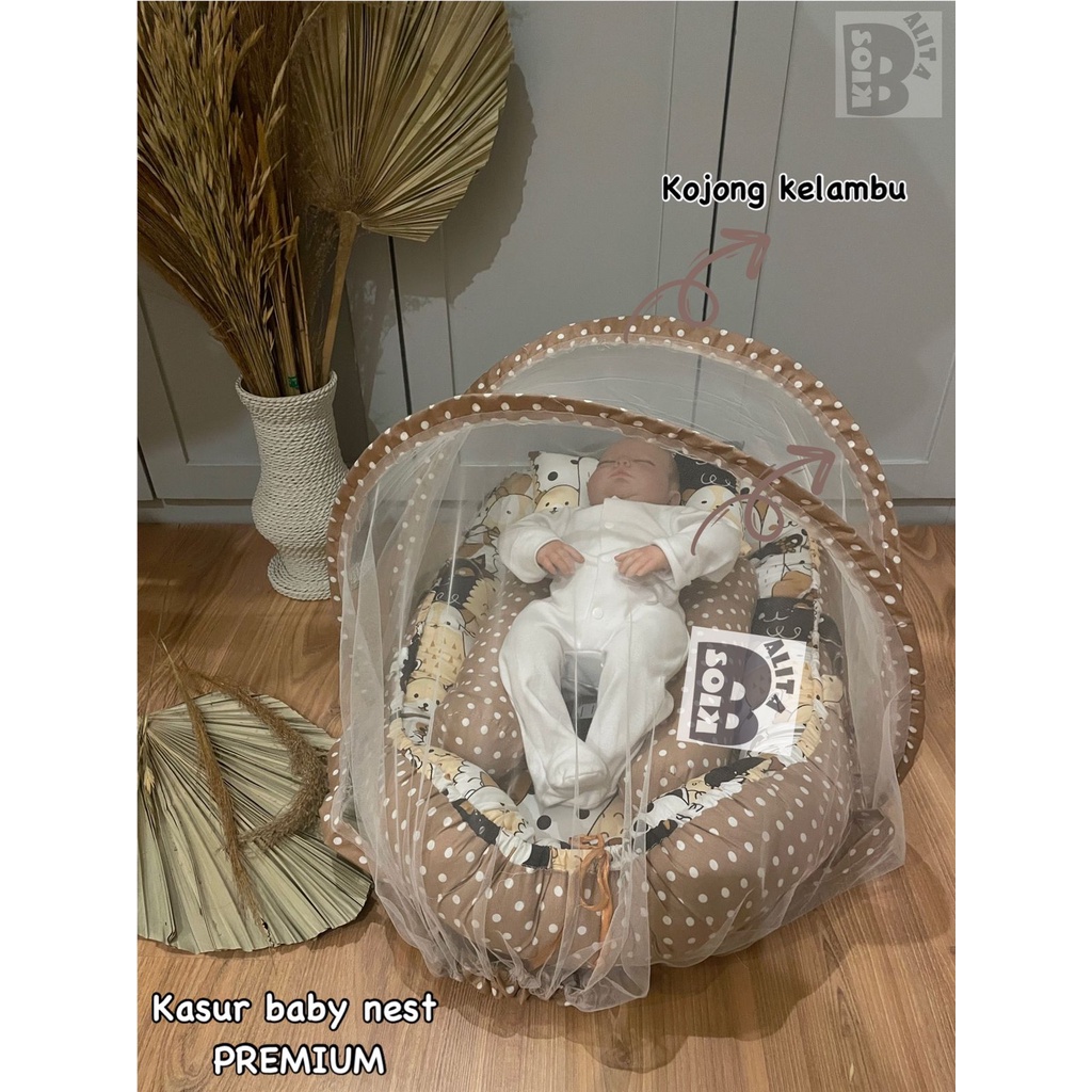 KASUR BAYI BABY NEST PREMIUM DENGAN KELAMBU + FREE BANTAL PEYANG DAN GULING BAYI (BISA 2 SISI MOTIF BOLAK BALIK)