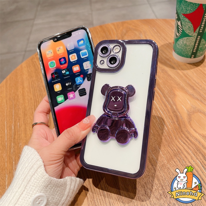 IPHONE Casing Kompatibel Untuk Iphone14 13 12 11 Pro Max Xr Xs Max Se8 7 Plus Plating Mewah Casing Ponsel Bingkai Lensa Logam Full Cover Bear Bracket Tahan Debu Soft Case Cover Pelindung