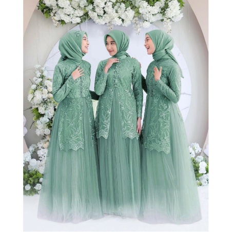 Dress Baju Gamis Brukat Tile Terbaru Kekinian Gamis Remaja Dewasa Seragam Pesta Wanita Muslim - Sage