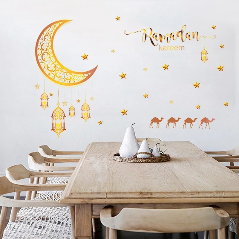 Ramadhan Mural Decal Bulan Bintang Lentera Stiker Dinding Kareem Mubarak Festival Perlengkapan Pesta Swirl Emas Lebaran Liontin Dekorasi Rumah Muslim Islami