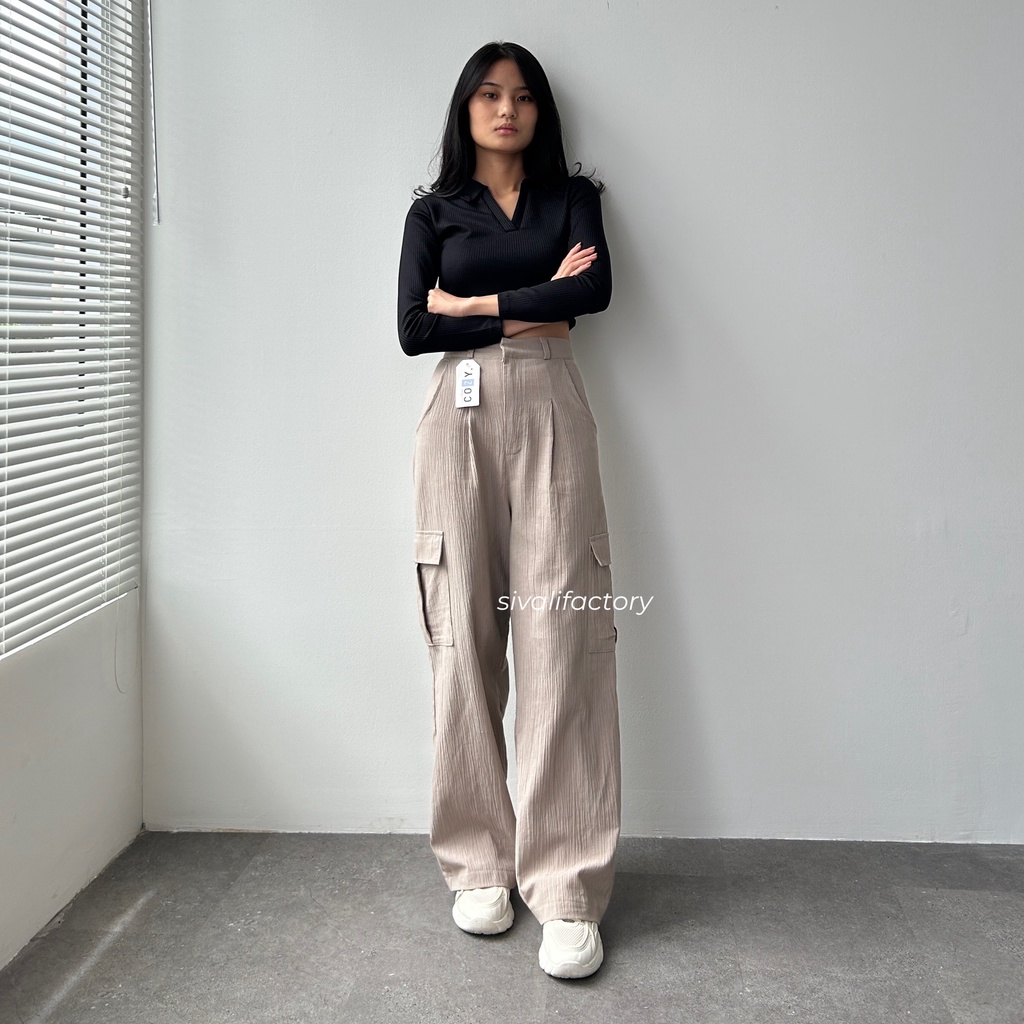 SIVALI Willow Cargo Pants - Celana Kargo Ukuran Petite Linen Crinkle Highwaist - Baggy Cullote Pants