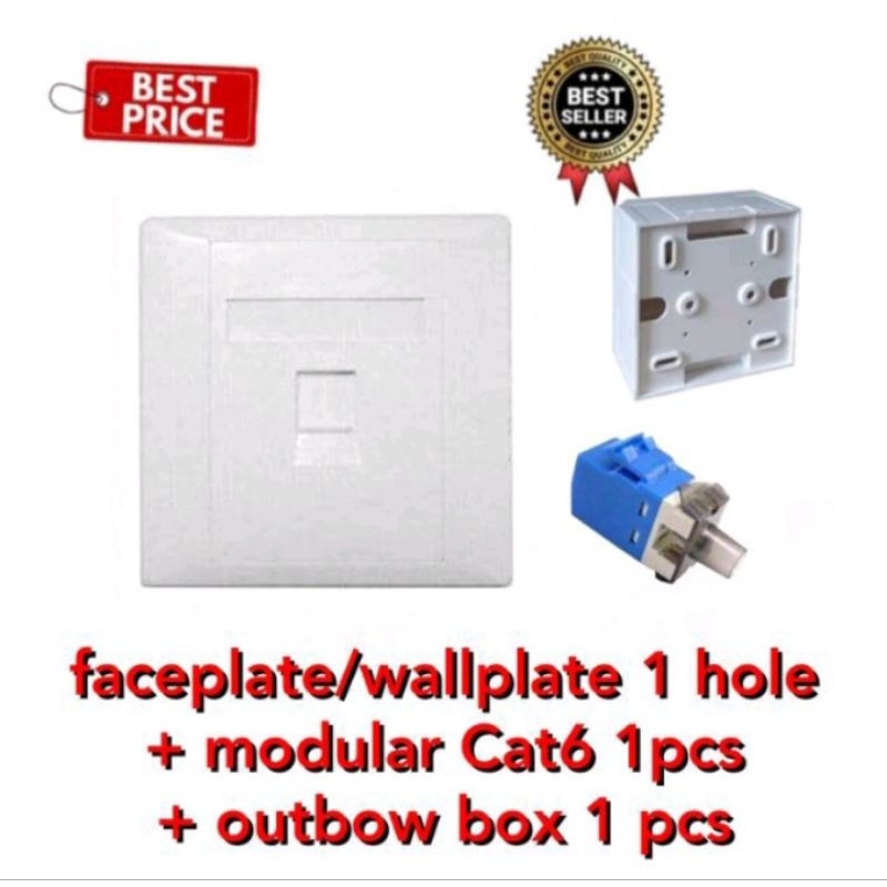 Faceplate/Wallplate UTP/RJ45/LAN 1Port/Hole + Modular Cat 6 +OutBow Box