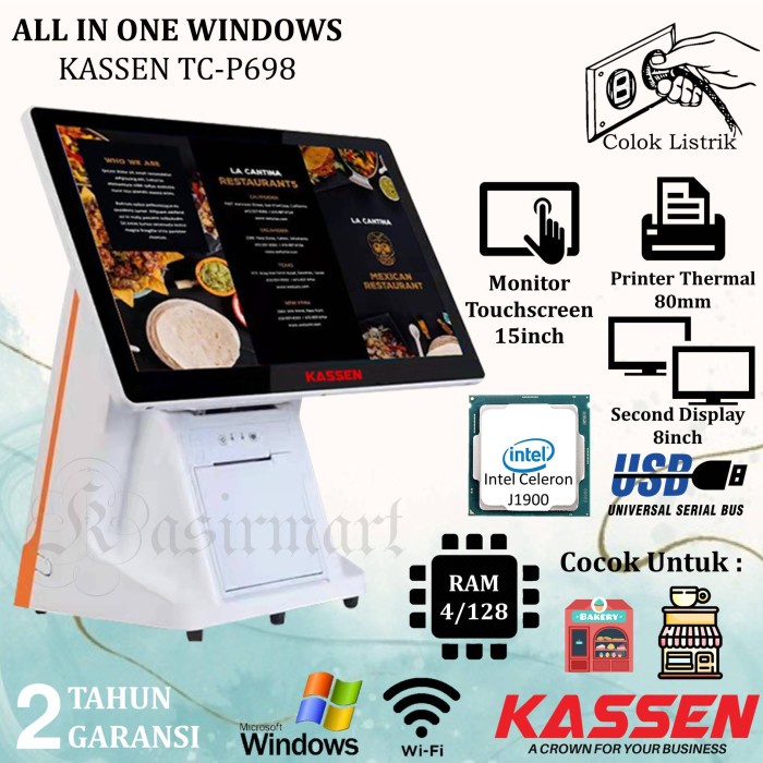 Kassen TCP698 All in ONE POS Windows Mesin Kasir  TC-P698 Include Printer Thermal 80mm RJ11 Customer Display TCP 698