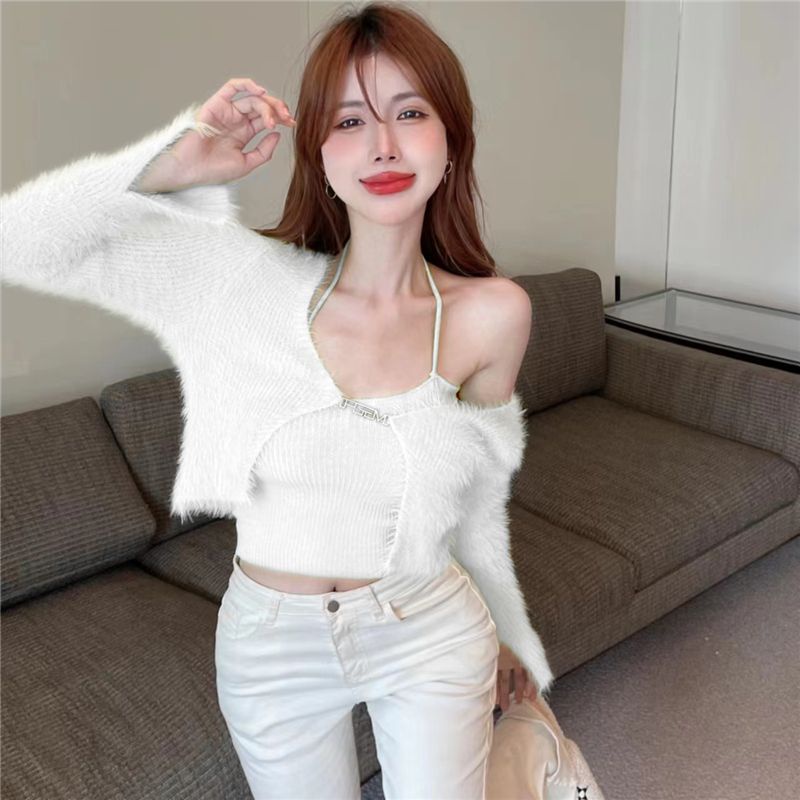 Red Mohair Rajutan Cardigan Wanita Awal Musim Gugur Gaun Keinginan Murni Gadis Seksi Pendek Leher Gantung Top Tube Top Suspender two-Piece Set