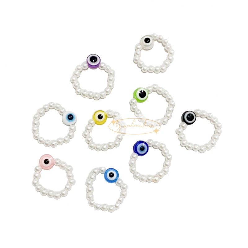 Cincin Elastis Manik Mutiara Evil Eye Beads / Ring Pearl Mutiara / Cincin Kpop Mutiara Manik Mata