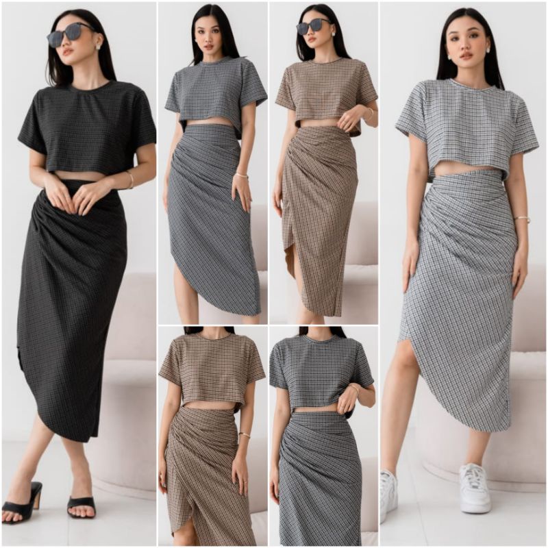 ♡ PREMIUM ♡ ORIGINAL ! BRIELLIE 2 IN 1 TEXTURE PATTERN KNIT SET CROP BLOUSE WITH ASYMMETRIC  SKIRT / SETELAN ATASAN PENDEK &amp; ROK ASIMETRIS