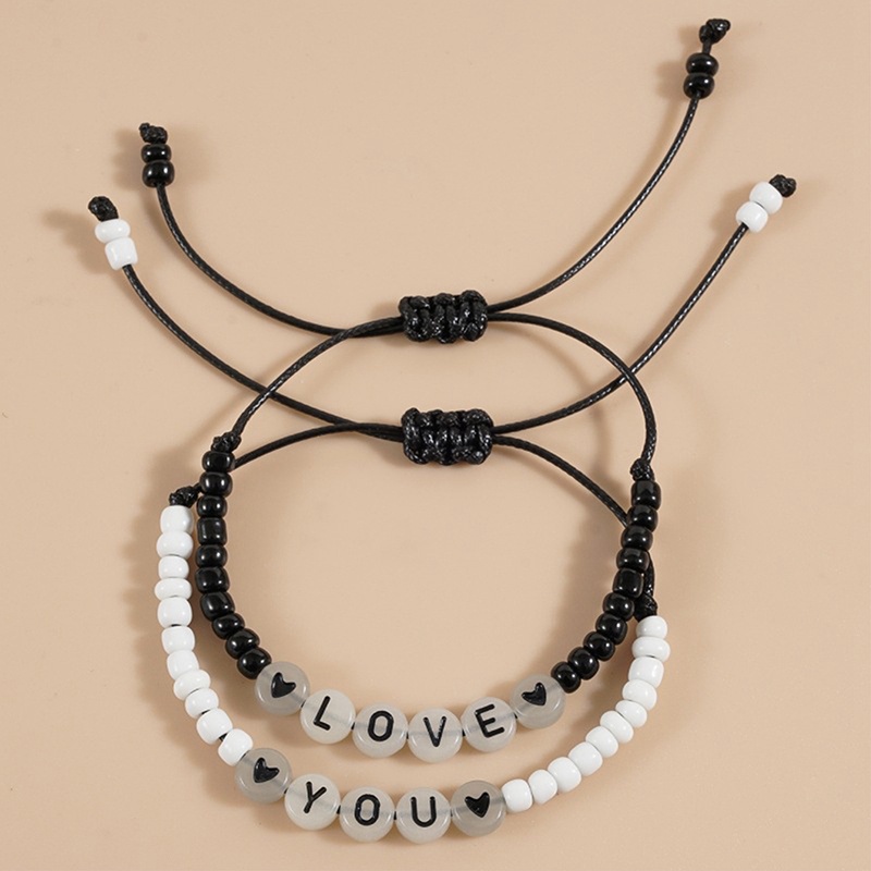 2pcs/set Cinta Kamu Gelang Pasangan Yang Sesuai Dengan Gelang Manik-Manik Hati Bercahaya Tali Elastis Hadiah Hari Valentine