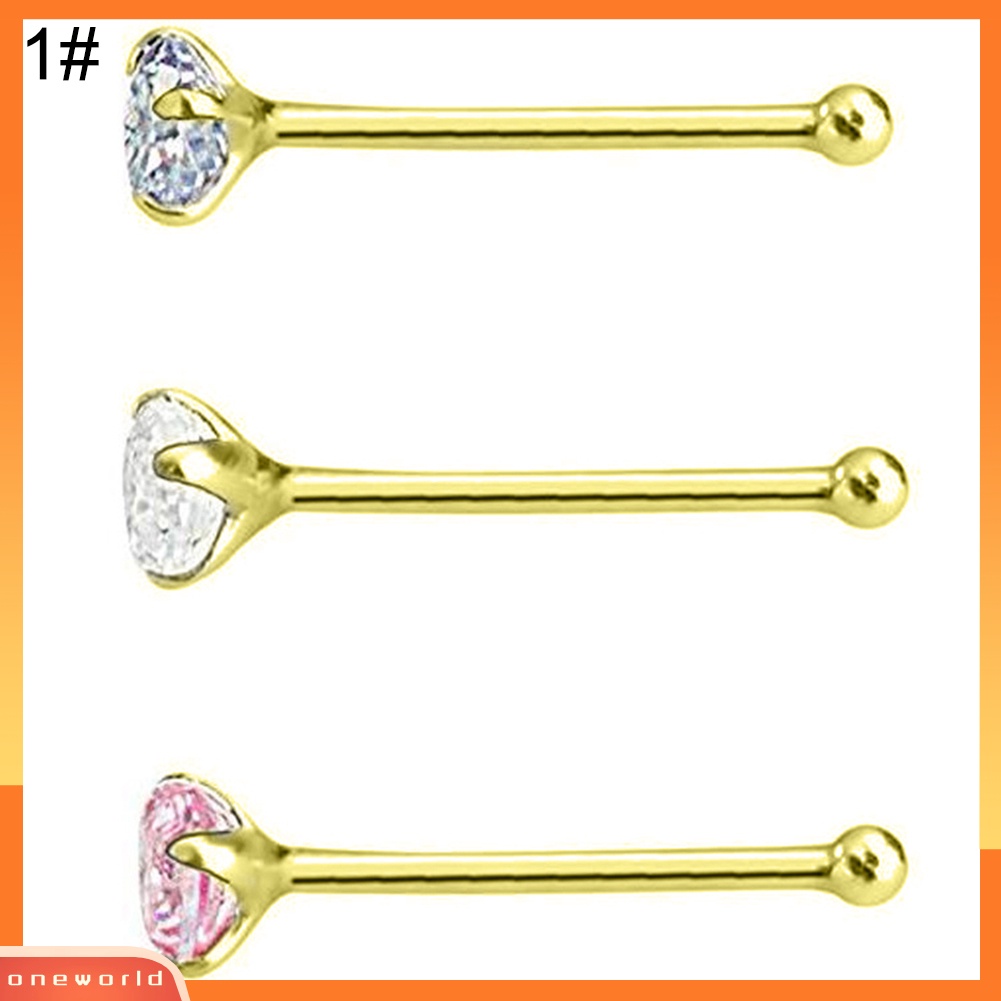 [oneworld] 3pcs/set Wanita Cubic Zirconia Stainless Steel Hidung Studs Perhiasan Tindik Tubuh