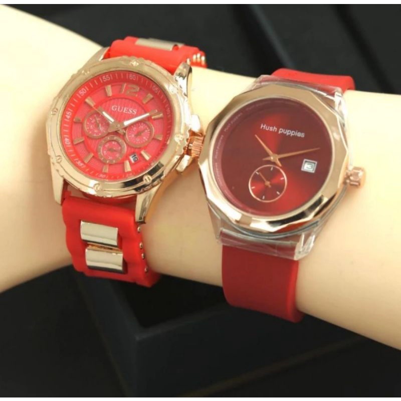(Cod)Jam Tangan Wanita Gues Ring Rose+Hp Bulat Crono1 Tanggal Aktif Buy1 Get1 Strap Rubber/Karet(Dikirim Jakarta)
