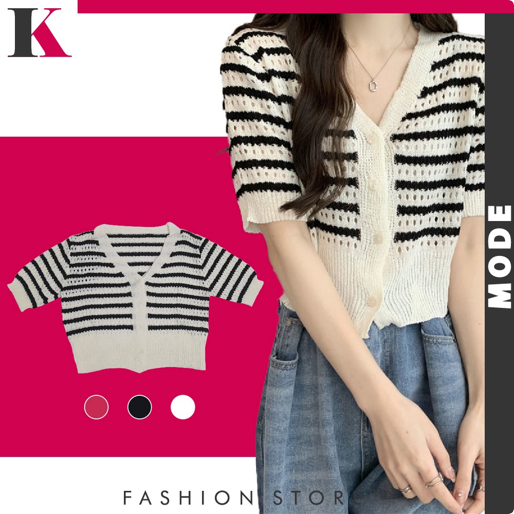 Cardigan Rajut Wanita Korea Model Crop Lengan Pendek Knitwear / Outer Knit Motif Garis Atasan Cardy 