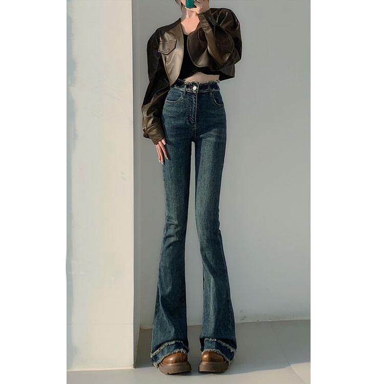 Red Tinggi Pinggang Retro Mentah Mikro Flare Jeans Wanita Musim Gugur dan Musim Dingin Baru Tinggi Tinggi Slim Slim diperpanjang Horseshoe Celana