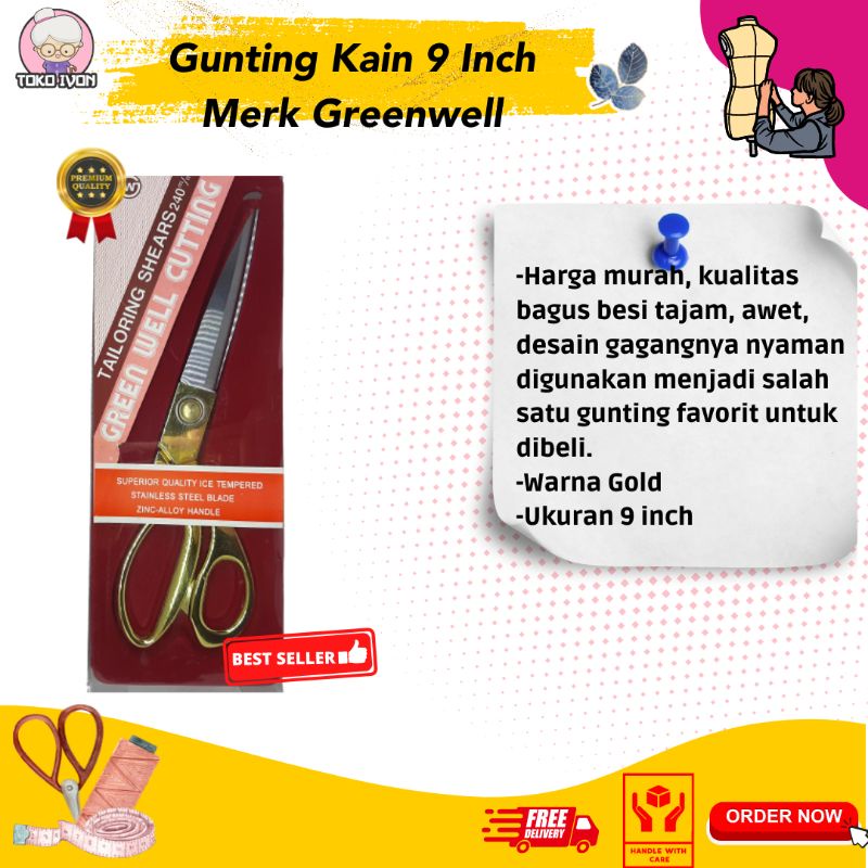 

Gunting Kain Size 9" warna Gold merk GREENWELL (GOOD QUALITY)