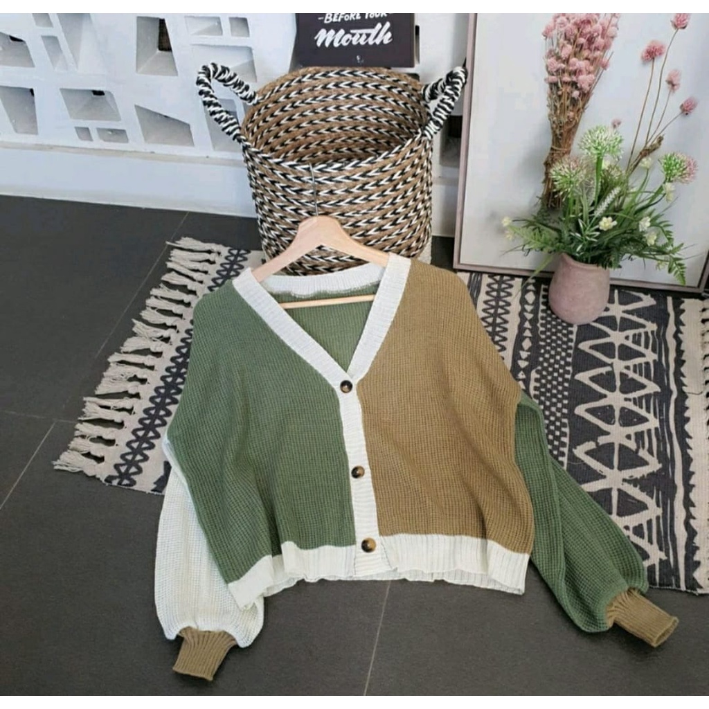 Cardy Two Tone / Cardigan Rajut Combine 3 Warna Tebal 7 Gate Premium