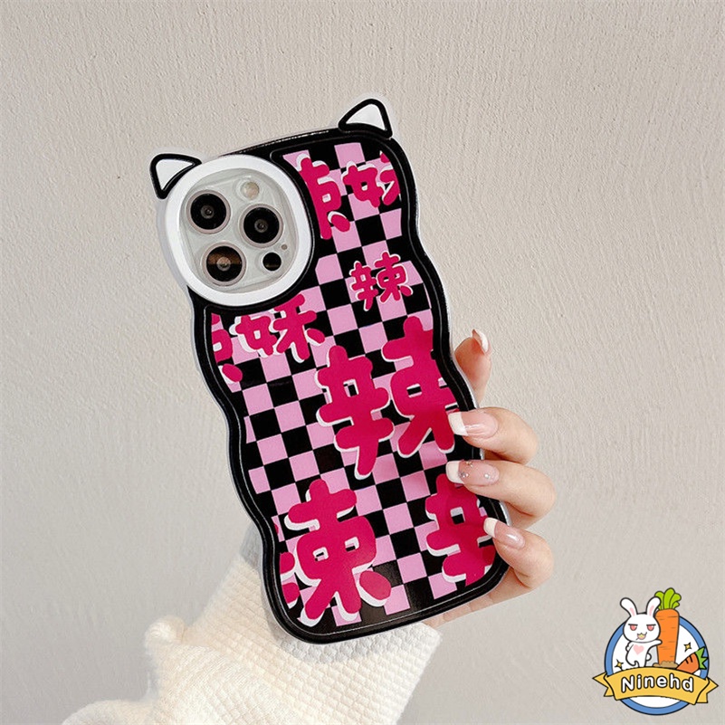 IPHONE Casing Kompatibel Untuk Iphone14 13 12 11 Pro Max X Xr Xs Max8 7 6 6s Plus SE 2020 Korea Motif Kisi Rose Pink Casing Ponsel Bumper Shockproof Silicone Soft Case Cover Pelindung