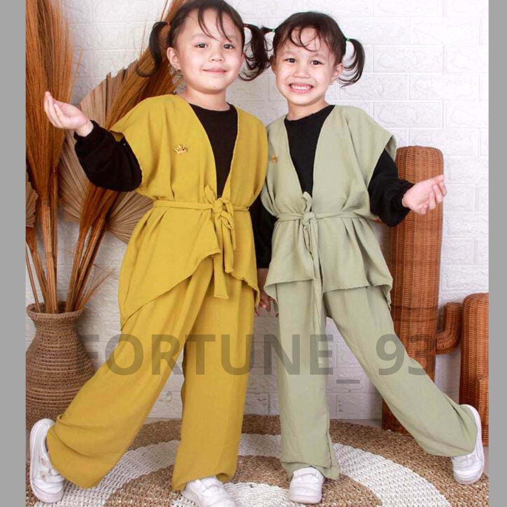Setelan crinkle anak perempuan 3 in 1 viral usia 3 - 13 tahun oneset crop top crinkle tali serut set