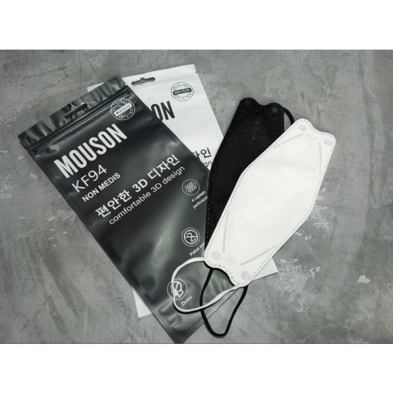 MASKER KF94 MOUSON HITAM PUTIH EMBOSS ISI 10 LEMBAR