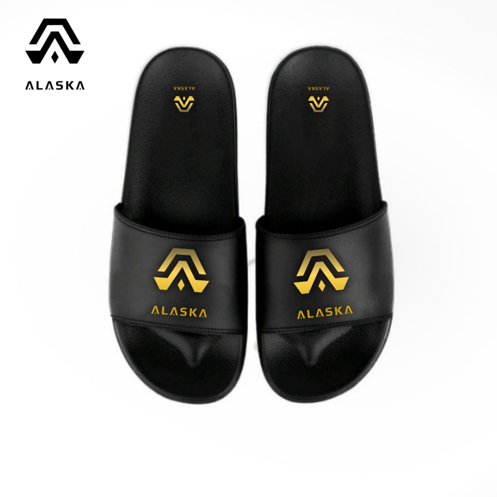 Sandal Slide Slip On Pria Original ALASKA Kualitas Premium l Sandal Slop-Hitam Logo
