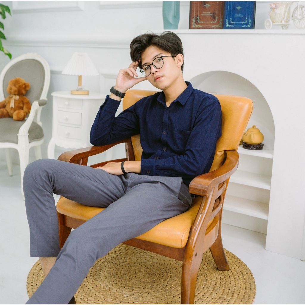 Kemeja Polos Pria Lengan Panjang Pique Premium (Hitam, Putih, Army, Navy, Maroon, Dark Mustard, Abu-Abu, baju dll)