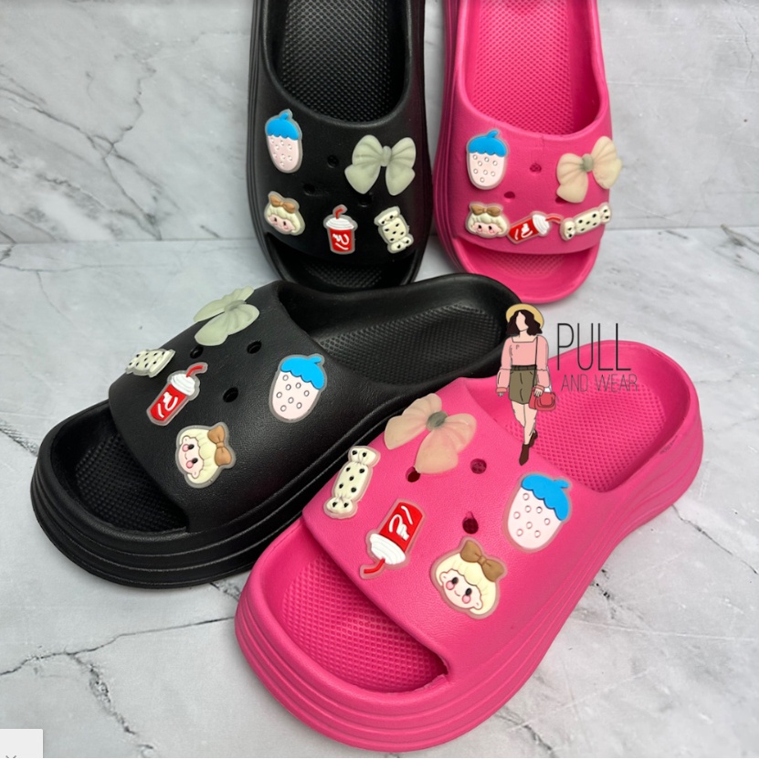 Sandal Wedges Fuji Slip On H14 Sendal Jalan-jalan Korea Wanita Comfy Lucu Motif