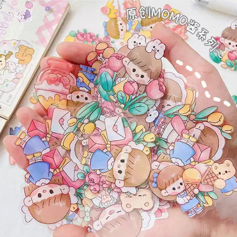 Asli saus MOMO PET tahan air tas stiker akun tangan stiker set bahan akun tangan DIY berbentuk khusus anak-anak stiker kecil