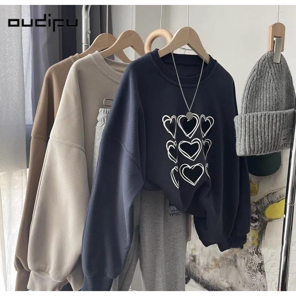 MINI LOVE SWEATSHIRT TOP ATASAN WANITA GAMBAR HATI SWEATER CREWNECK BASIC V1