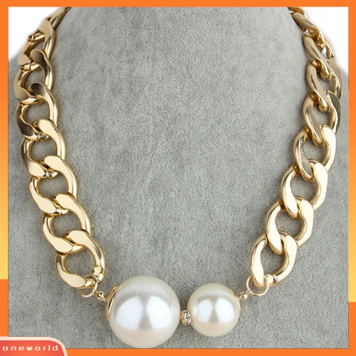 {oneworld} Fashion Wanita Besar Mutiara Imitasi Curb Rantai Choker Kerah Statement Necklace