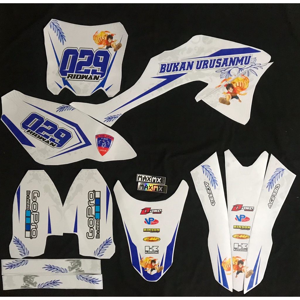 DECAL STIKER MOTOR KLX BF 150 G MOTIF SUPERMOTO ELEGAN PUTIH BIRU