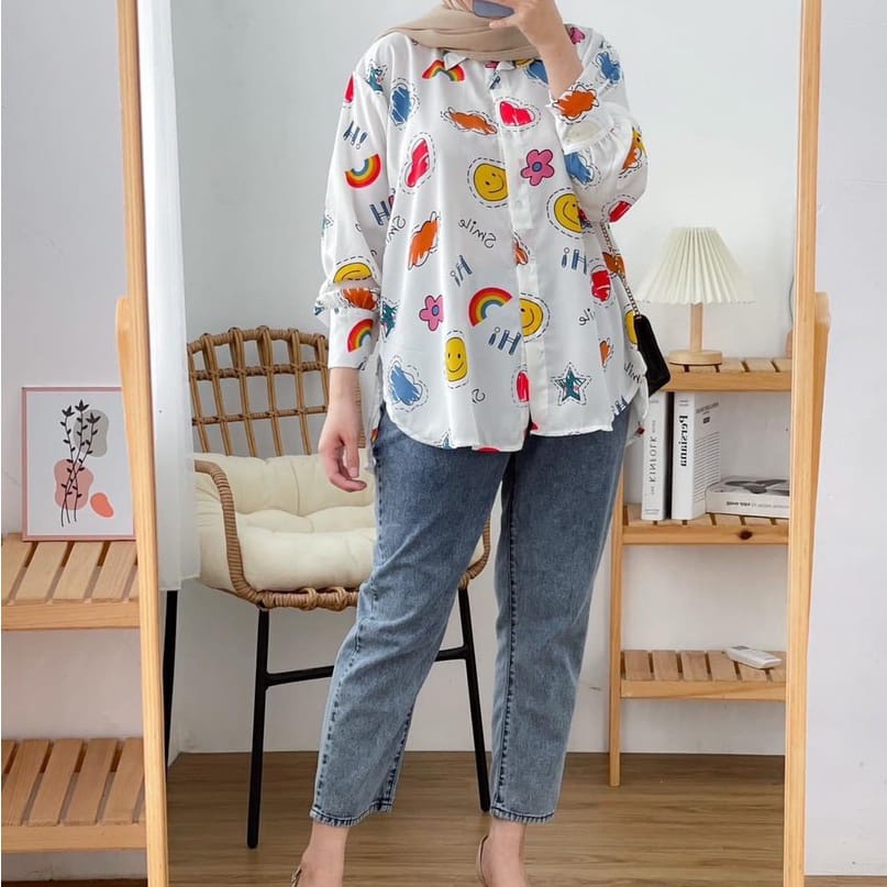 BEFAST - ZRX OOTD KEMEJA ENZY / KEMEJA OVERSIZE SMILE LENGAN PANJANG / Kemeja Motif Lucu / Fashion Wanita Kekinian Remaja ABG / Hem Jumbo Termurah / Kemeja Oversize Wanita terbaru / Outfit Wanita Hijab Trendy / Hem Lengan Panjang