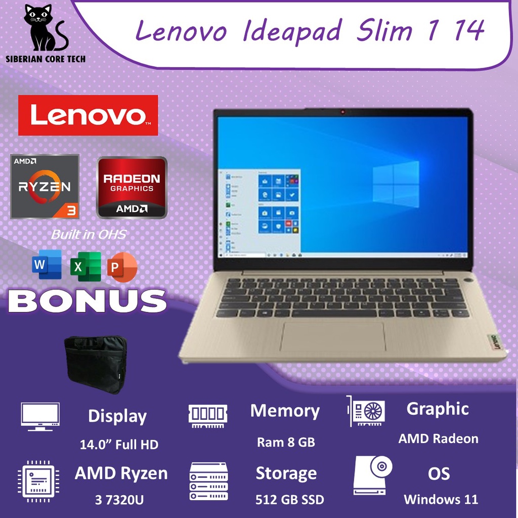 LENOVO IDEAPAD SLIM 1 14 RYZEN 3 7320U 8GB 512SSD RADEON 610M W11+OHS 14.0FHD 2YR