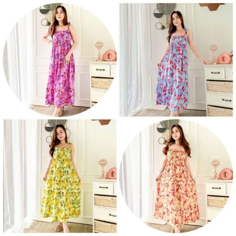 daster bali dress panjang isabel ranun/tanpa lengan kerut dada/bumil busui