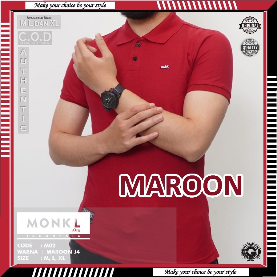 BAJU KAOS MONKL 100% ORIGINAL MAROON TSHIRT POLO KERAH GERIMIS SANGHAI WANGKI PAKAIAN OUTFIT DISTRO 