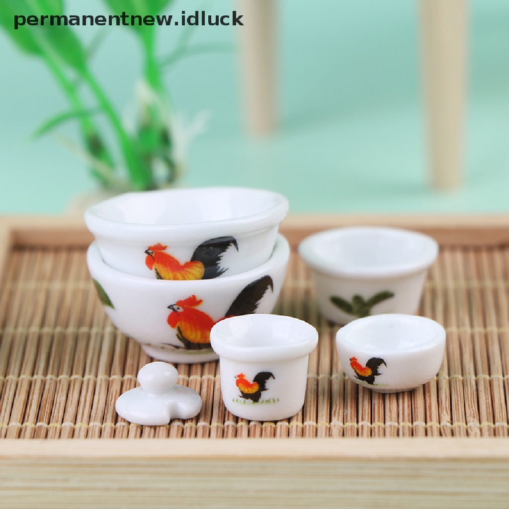 [luckypermanentnew] 1: 12rumah Boneka Keramik Mangkok Ayam Jago Toples Cangkir Piring Peralatan Makan Boneka Dekorasi Dapur [ID]