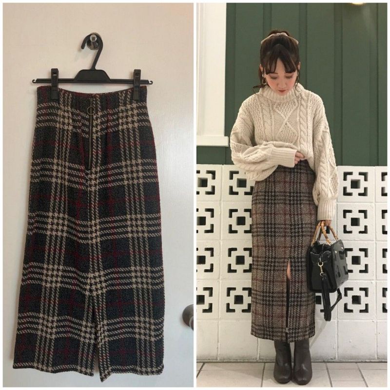 [IMPORT] Tweed Long Skirt Plaid Houndstooth Checkered Pattern Grey Brown / Rok Panjang Tweed Tartan 