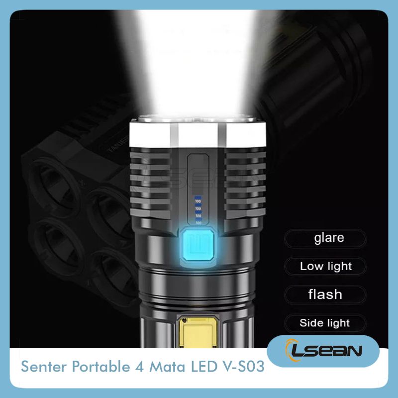 SENTER JARAK JAUH RECHARGE PORTABLE FLASHLIGHT 4 MATA LED COB LIGHT V-S03