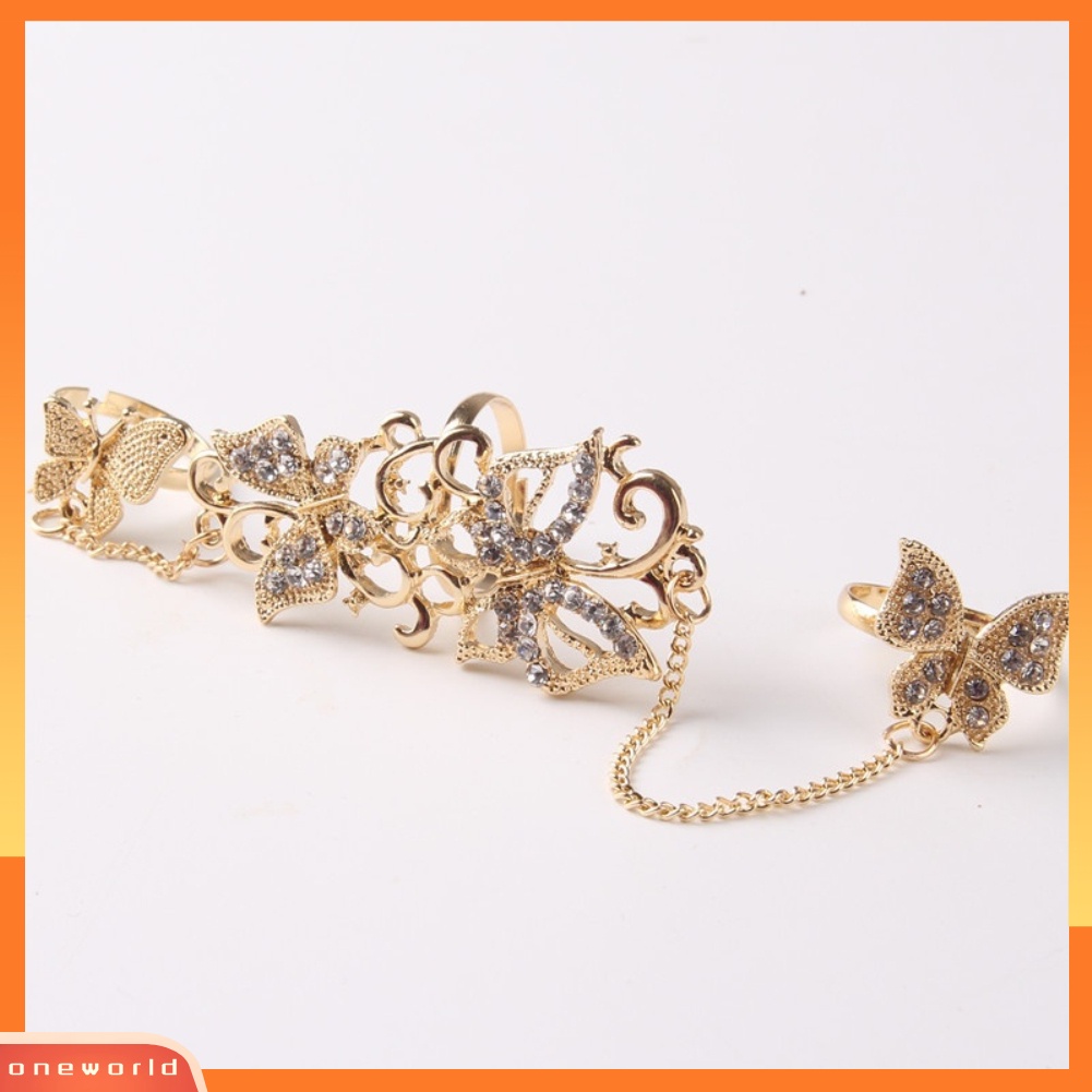 {oneworld} Fashion Berlian Imitasi Berongga Kupu-Kupu Link Jari Cincin Adjustable Wanita Perhiasan