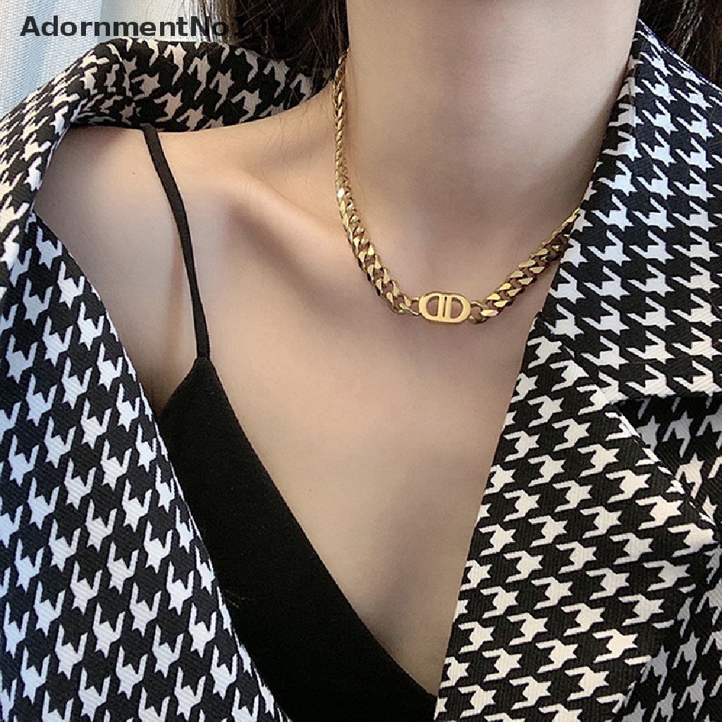 [AdornmentNo1] Fashion Baru Emas Tebal Rantai Huruf Ganda D Titanium Steel Kalung Wanita Hip-hop Hidung Babi Klavikula Rantai Liar Keren Gadis Jewery [ID]