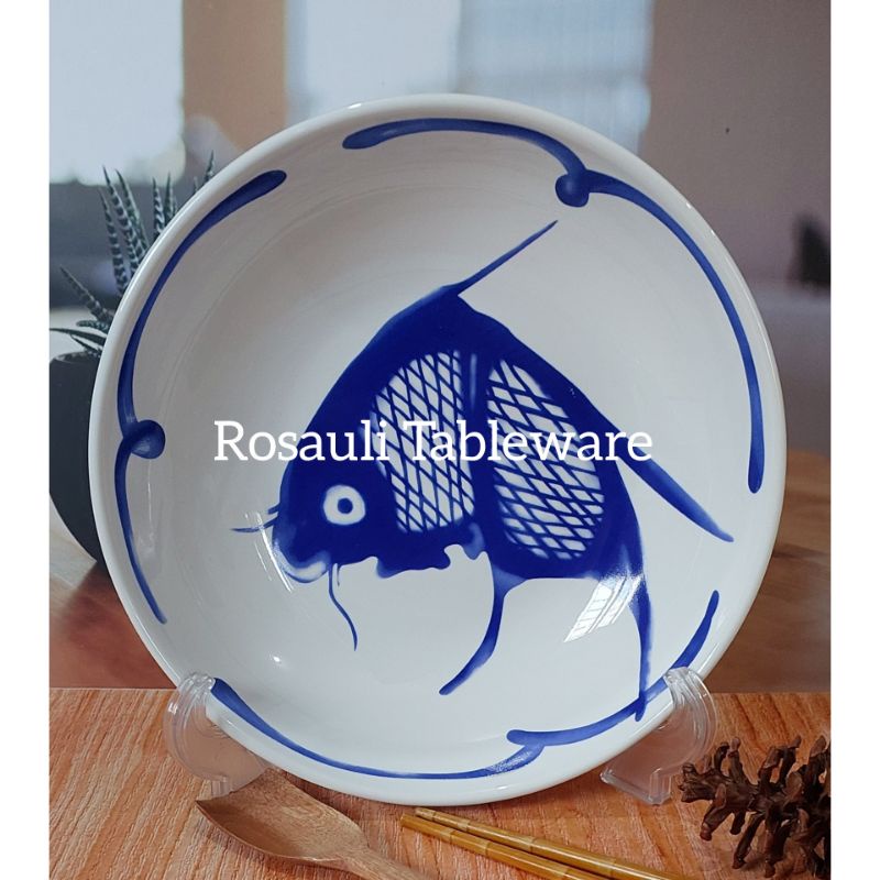 Piring Cekung Keramik Jumbo Ming 23cm Putih Biru