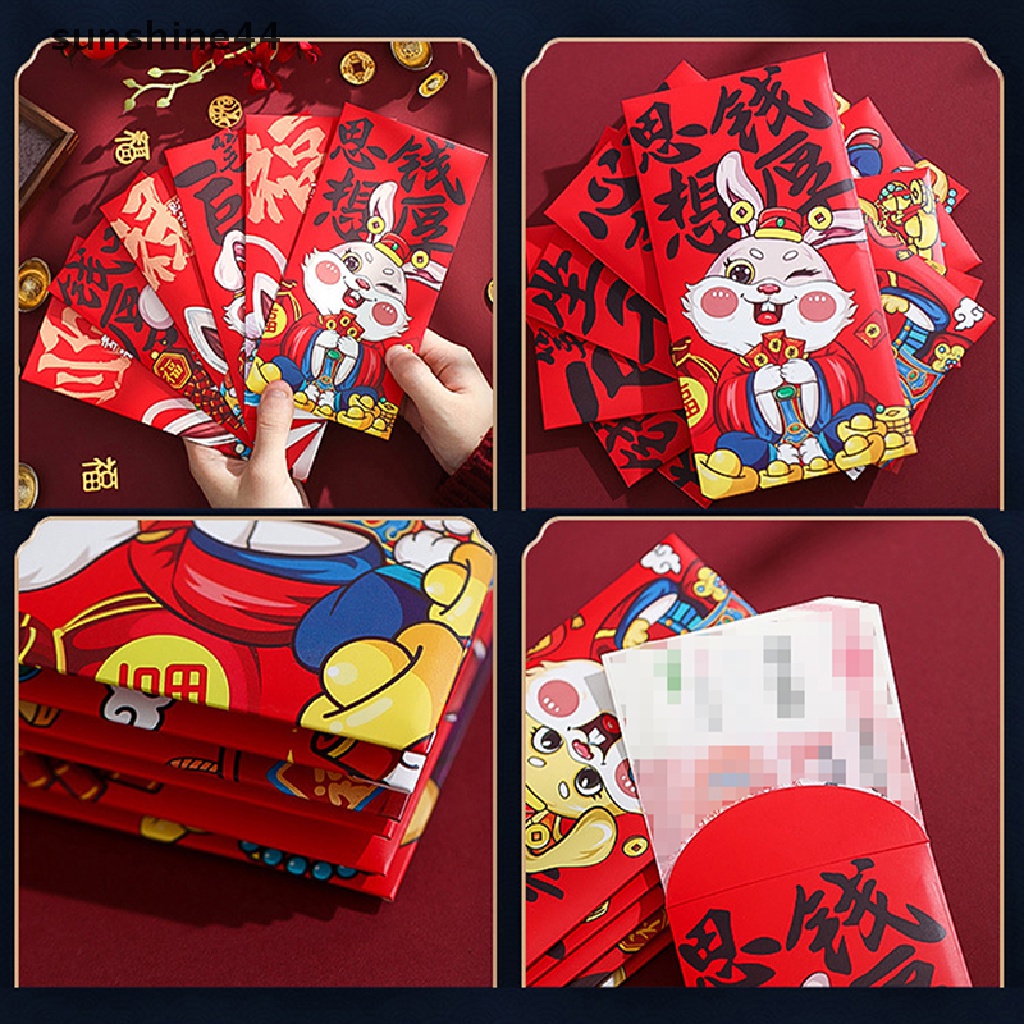 Sunshine 6pcs 2023tahun Kelinci Cina Amplop Merah Kartun Anak Hadiah Uang Packing Bag Lucky Red Packets Bag.