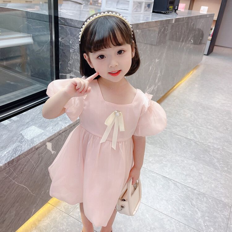 Dress Anak Perempuan Fahion Import - Satin Pink Pita Mutiara Lengan Balon